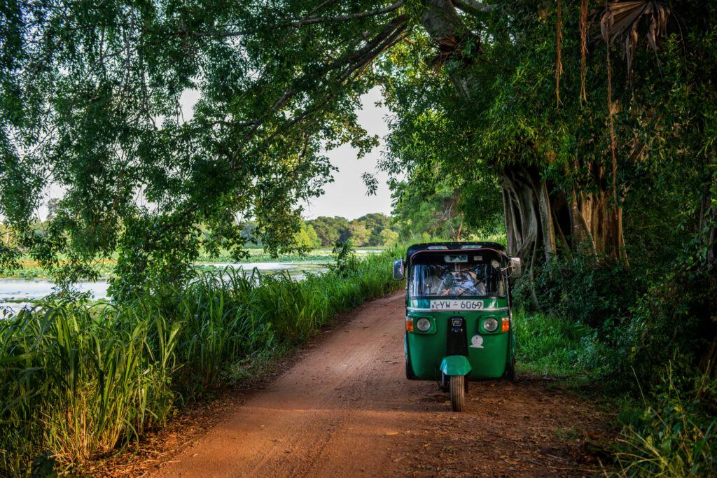 Sri Lanka tuk tuk on a dirt road in the jungle. 